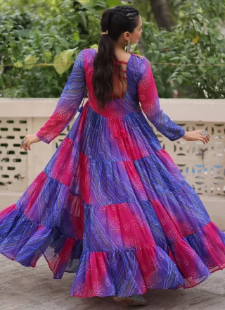 Blue Faux Georgette Bandhej, Patch Border and Print Work Gown for Ceremonial