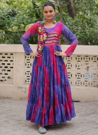 Blue Faux Georgette Bandhej, Patch Border and Print Work Gown for Ceremonial