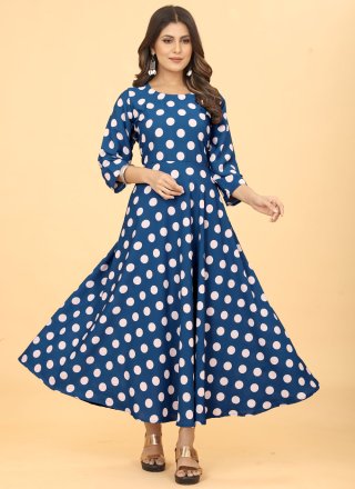 Blue Faux Georgette Casual Kurti with Polka Dotted Work