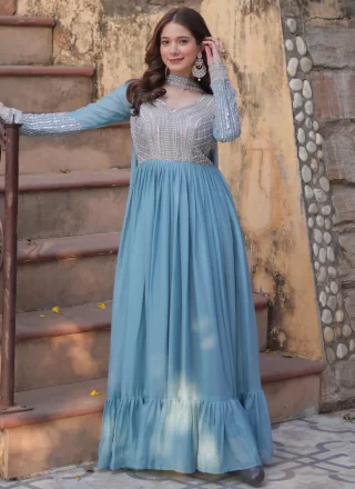 Blue Faux Georgette  Designer Gown with Beads, Embroidered, Sequins and Thread Work