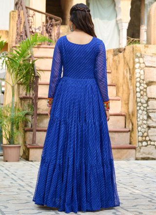 Blue Faux Georgette  Designer Gown with Gamthi and Print Work