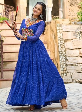 Blue Faux Georgette  Designer Gown with Gamthi and Print Work