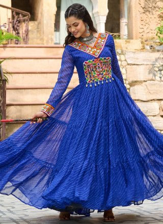 Blue Faux Georgette  Designer Gown with Gamthi and Print Work