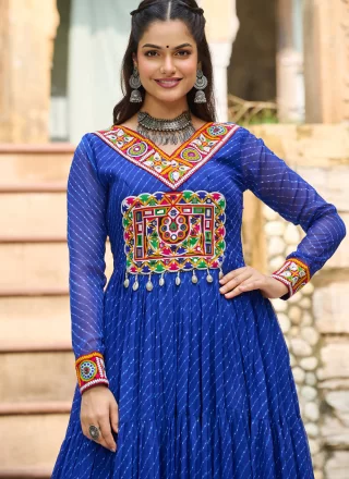 Blue Faux Georgette  Designer Gown with Gamthi and Print Work