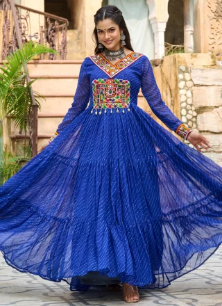 Blue Faux Georgette  Designer Gown with Gamthi and Print Work