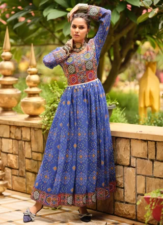 Blue Faux Georgette Digital Print and Gamthi Work Designer Gown