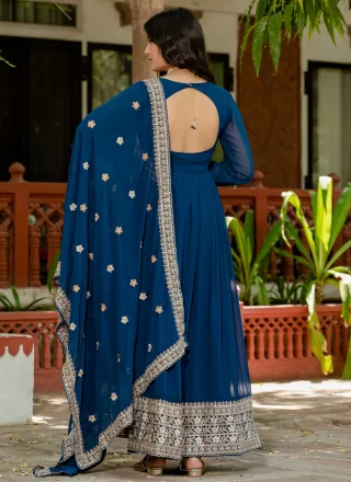 Blue Faux Georgette Embroidered and Zari Work Gown
