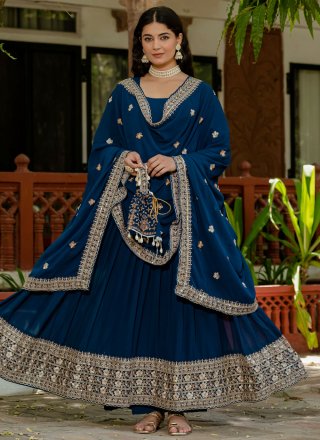 Blue Faux Georgette Embroidered and Zari Work Gown