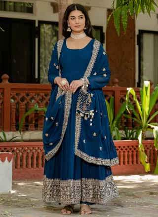 Blue Faux Georgette Embroidered and Zari Work Gown