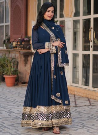Blue Faux Georgette Embroidered, Sequins and Zari Work  Designer Gown for Ceremonial