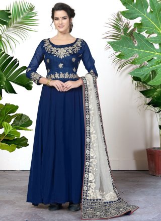 Blue Faux Georgette Embroidered, Thread and Zari Work Salwar Suit