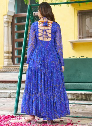 Blue Faux Georgette Gamthi, Patch Border and Print Work  Designer Gown for Ceremonial
