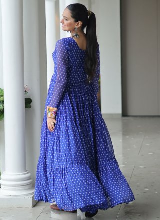 Blue Faux Georgette Mirror, Patch Border, Print and Thread Work  Designer Gown for Ceremonial