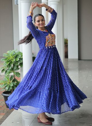 Blue Faux Georgette Mirror, Patch Border, Print and Thread Work  Designer Gown for Ceremonial