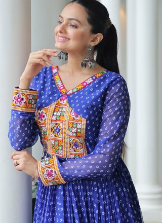 Blue Faux Georgette Mirror, Patch Border, Print and Thread Work  Designer Gown for Ceremonial