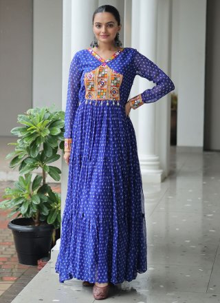 Blue Faux Georgette Mirror, Patch Border, Print and Thread Work  Designer Gown for Ceremonial