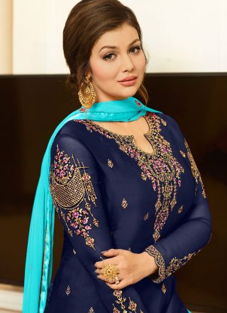 Blue Faux Georgette Palazzo Salwar Suit with Embroidered and Resham Work for Women