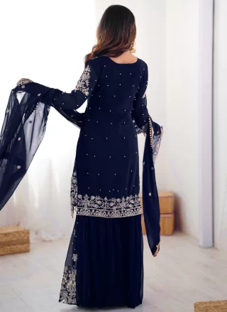 Blue Faux Georgette Palazzo Salwar Suit with Embroidered, Sequins and Thread Work for Festival