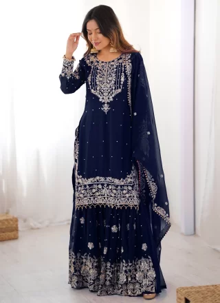 Blue Faux Georgette Palazzo Salwar Suit with Embroidered, Sequins and Thread Work for Festival
