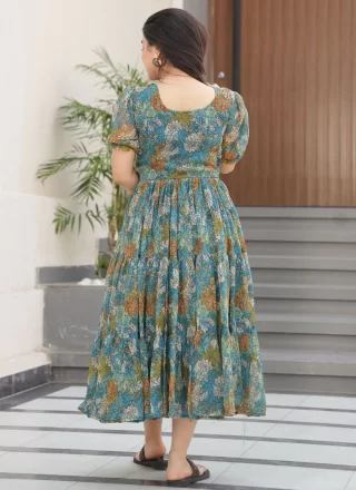 Blue Faux Georgette Print Work Gown for Casual