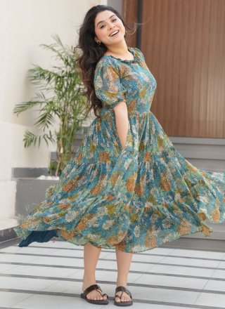 Blue Faux Georgette Print Work Gown for Casual