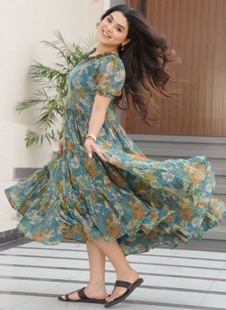 Blue Faux Georgette Print Work Gown for Casual