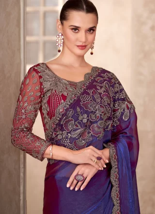 Blue Faux Georgette Traditional Saree with Patch Border and Embroidered Work
