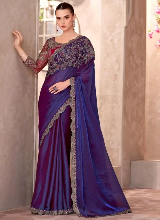 Blue Faux Georgette Traditional Saree with Patch Border and Embroidered Work