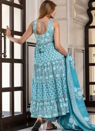 Blue Floral Patch Work Cotton Pant Style Suit