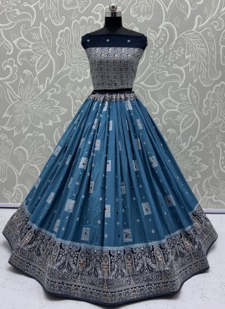 Blue Georgette A - Line Lehenga Choli with Fancy, Jacquard, Mirror and Zari Work