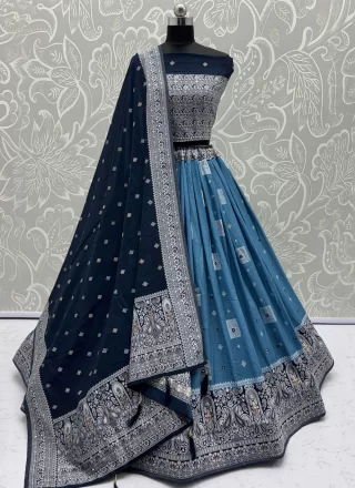Blue Georgette A - Line Lehenga Choli with Fancy, Jacquard, Mirror and Zari Work