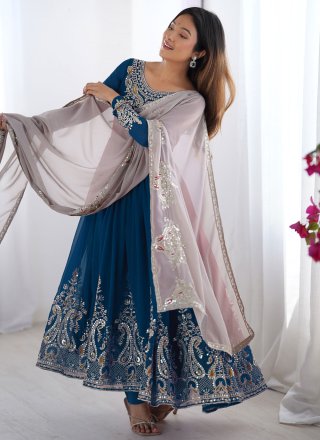 Blue Georgette Anarkali Suit with Embroidered and Sequins Work