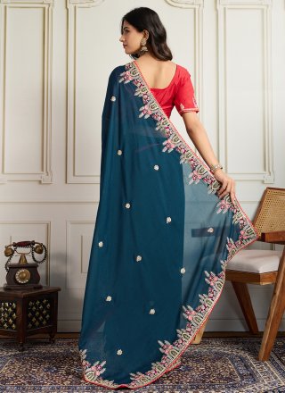 Blue Georgette Classic Saree with Embroidered Work for Women