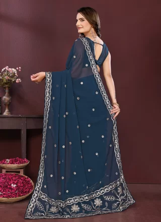 Blue Georgette Classic Sari with Embroidered Work