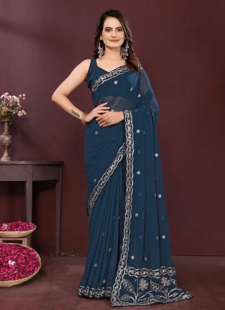 Blue Georgette Classic Sari with Embroidered Work