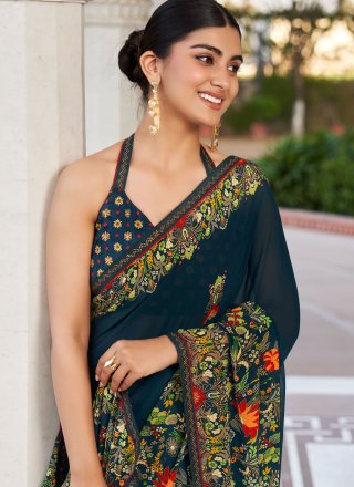 Blue Georgette Designer Sari with Print Work