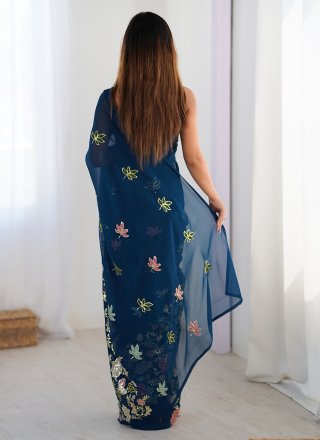 Blue Georgette Embroidered, Multi, Sequins and Thread Work Contemporary Sari for Casual