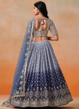 Blue Georgette Embroidered, Sequins and Zari Work A - Line Lehenga Choli