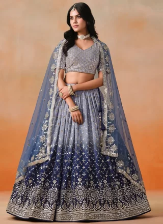Blue Georgette Embroidered, Sequins and Zari Work A - Line Lehenga Choli