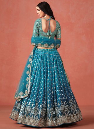 Blue Georgette Embroidered, Sequins and Zari Work A - Line Lehenga Choli