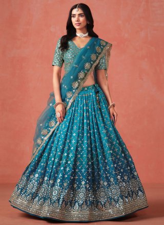 Blue Georgette Embroidered, Sequins and Zari Work A - Line Lehenga Choli