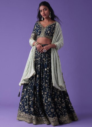 Blue Georgette Embroidered, Sequins and Zari Work Lehenga Choli for Ceremonial