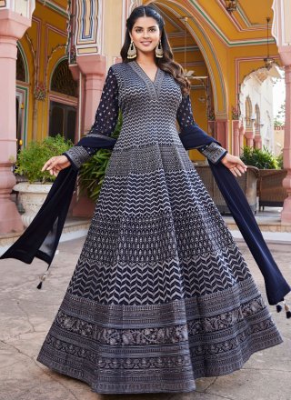 Blue Georgette Embroidered Work Designer Gown for Ceremonial