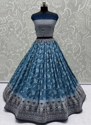 Blue Georgette Fancy, Jacquard, Mirror and Zari Work A - Line Lehenga Choli