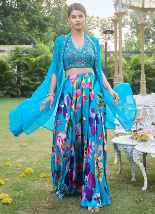 Blue Georgette Floral Patch Work Readymade Lehenga Choli for Ceremonial