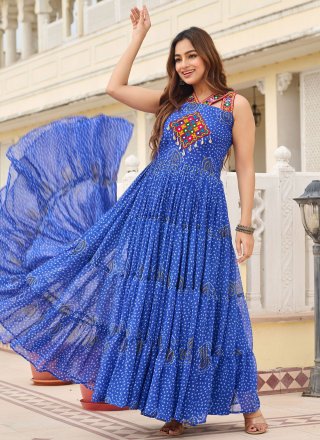 Blue Georgette Gamthi, Mirror and Print Work  Designer Gown