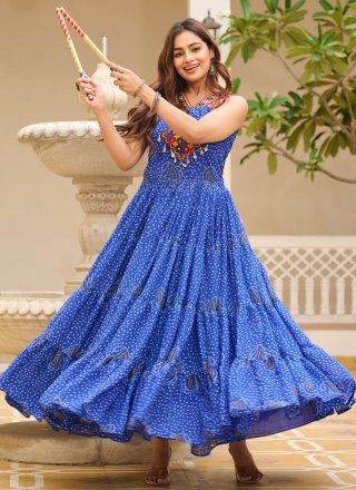 Blue Georgette Gamthi, Mirror and Print Work  Designer Gown