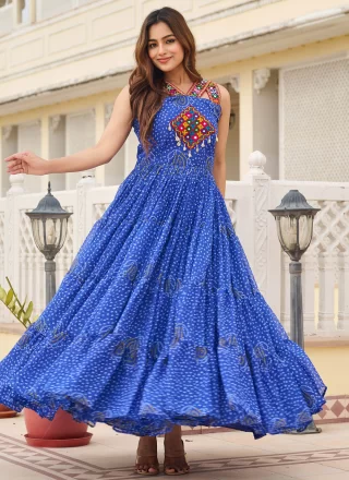 Blue Georgette Gamthi, Mirror and Print Work  Designer Gown