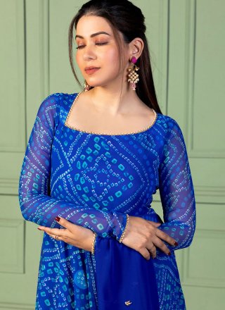 Blue Georgette Gown with Patch Border, Foil Print, Lace and Pearls Work