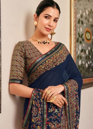 Blue Georgette Paisley Print Work Traditional Saree